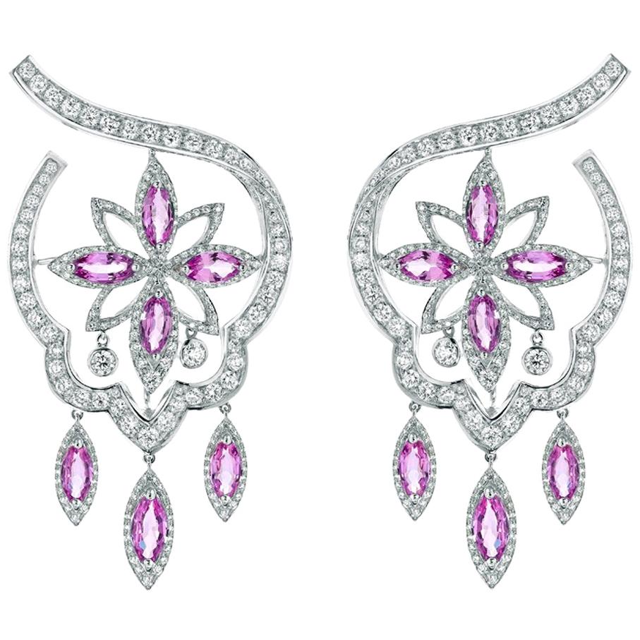 18 Karat White Gold Stella Pink Sapphire and Diamond Earrings For Sale