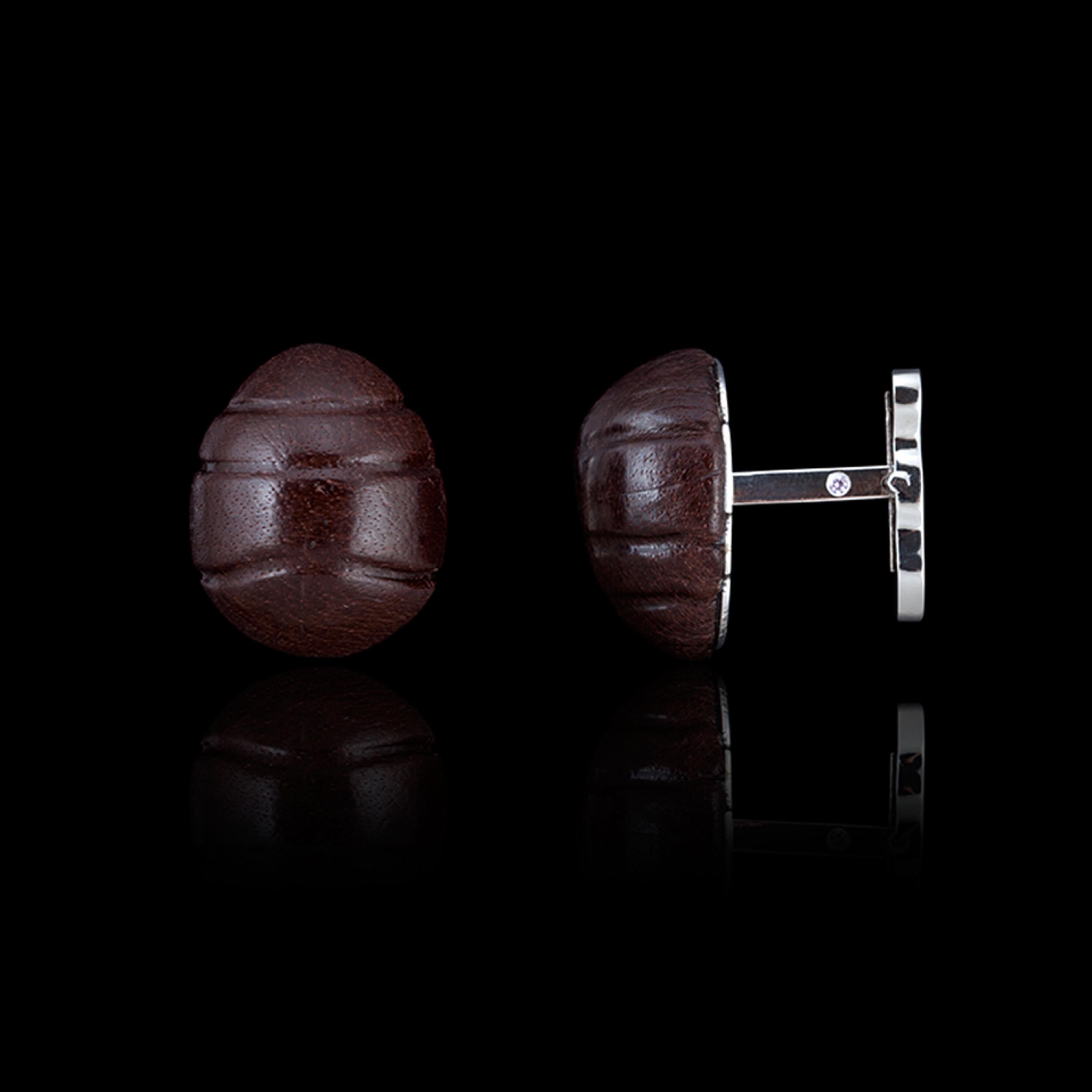 Round Cut 18 Karat White Gold, Sterling Silver and Leather Wood Ant Cufflinks For Sale