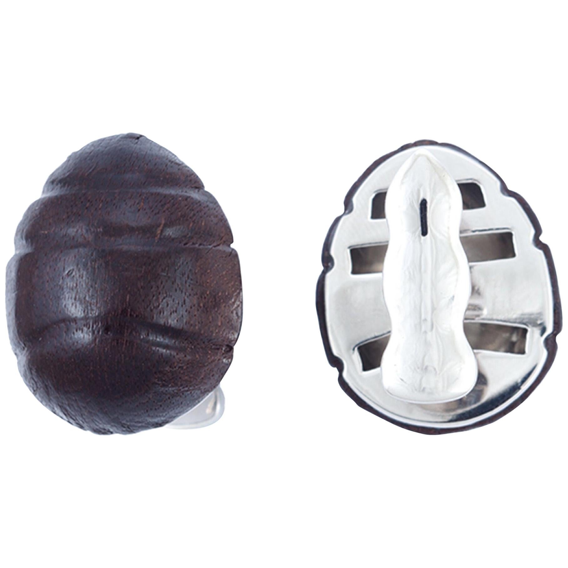 18 Karat White Gold, Sterling Silver and Leather Wood Ant Cufflinks For Sale