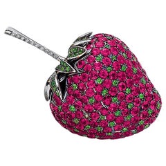 18 Karat White Gold Strawberry Brooch with 10.30 Carat Rubies, Tsav and Diamonds