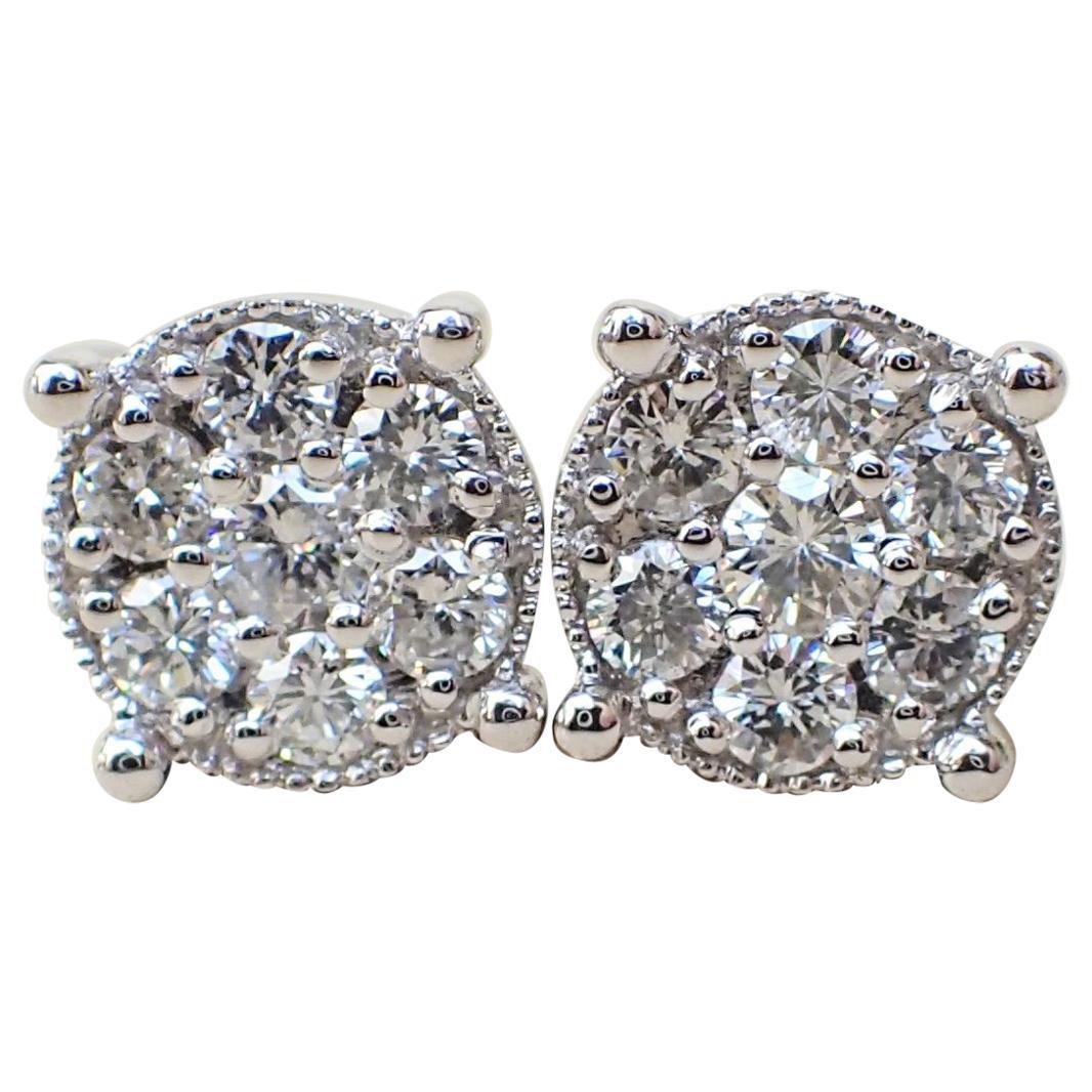 18 Karat White Gold Stud Earrings Set with 0.75 Carat of Diamond, Illusion Set For Sale
