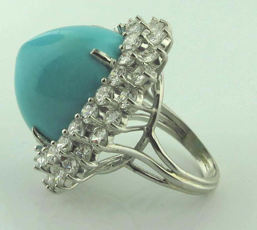 Contemporary  Sugarloaf Persian Turquoise Diamond 18 Karat White Gold Ring