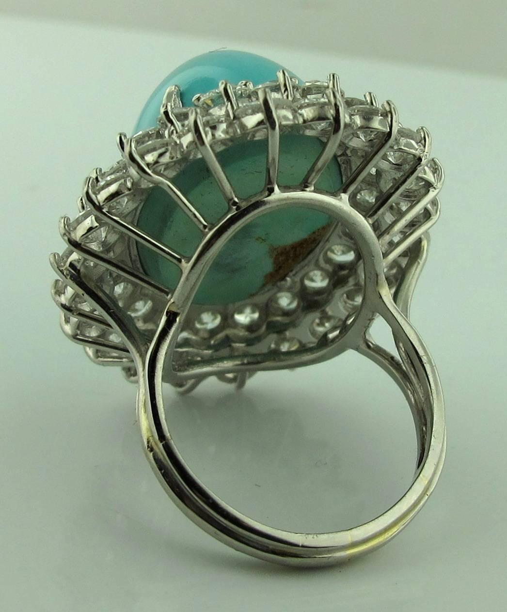 Round Cut  Sugarloaf Persian Turquoise Diamond 18 Karat White Gold Ring