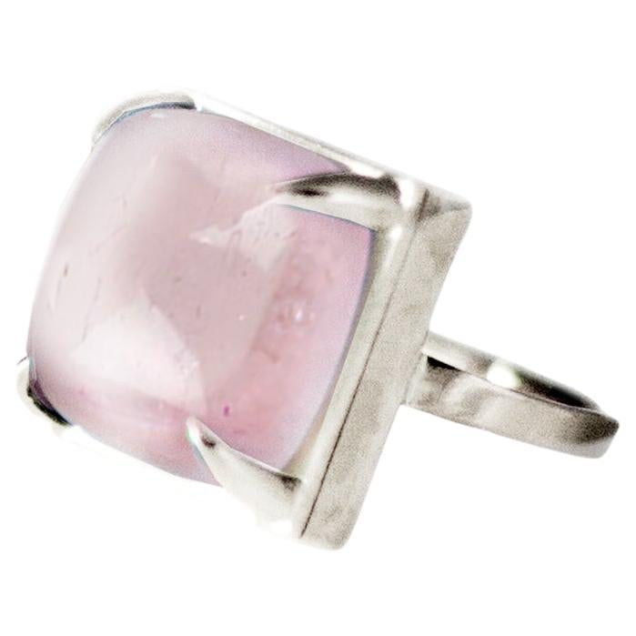 Eighteen Karat White Gold Sugarloaf Light Pink Quartz Engagement Ring For Sale