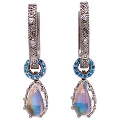 18 Karat White Gold Swirl Pattern Diamond Hoops with Rainbow Moonstone Jackets