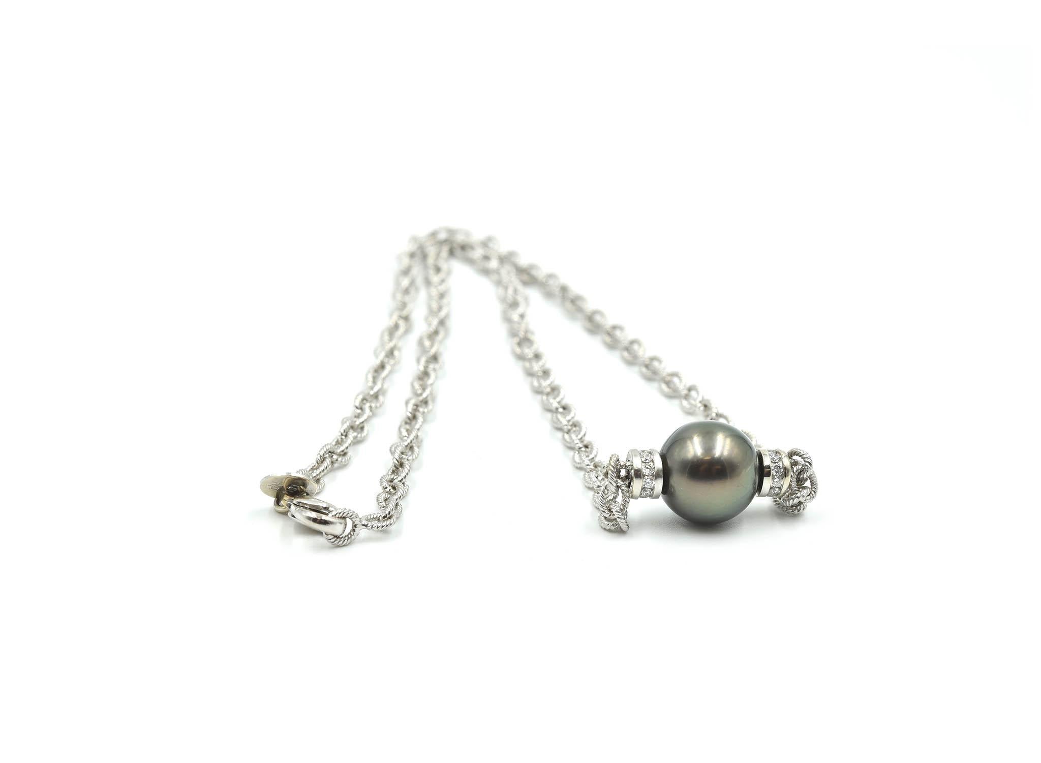 Women's or Men's 18 Karat White Gold, Tahitian Pearl and 0.18 Carat Diamond Necklace For Sale