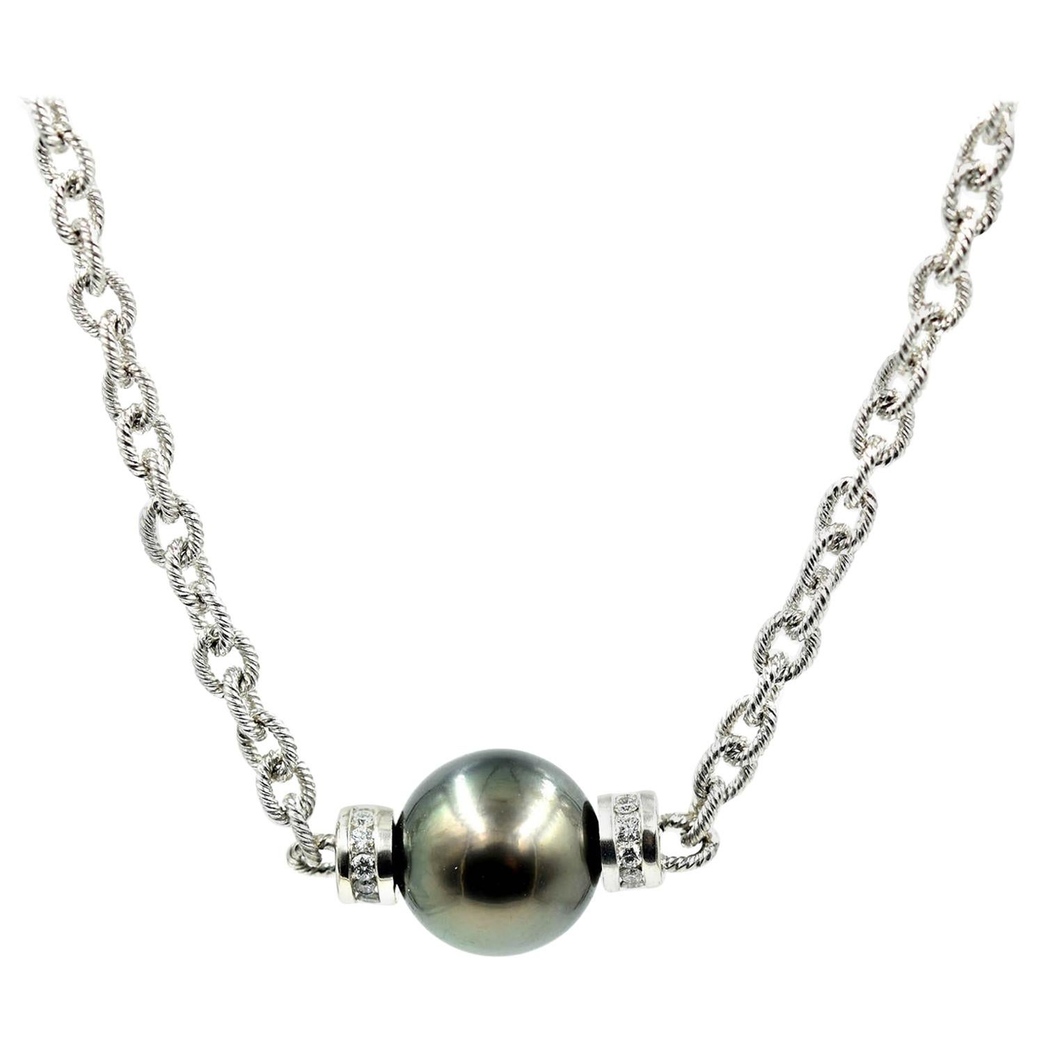 18 Karat White Gold, Tahitian Pearl and 0.18 Carat Diamond Necklace