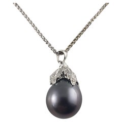 18 Karat White Gold Tahitian Pearl and Diamond Pendant Necklace #13701