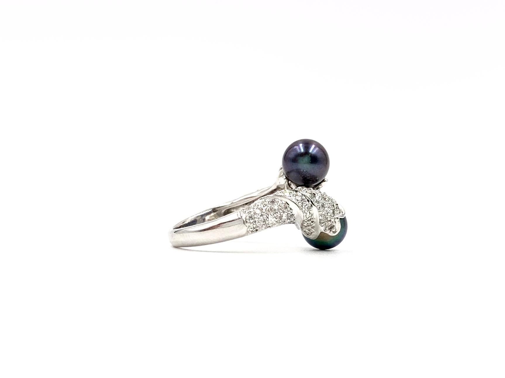 Contemporary 18 Karat White Gold Tahitian Pearl and Diamond Toi et Moi Bypass Ring For Sale