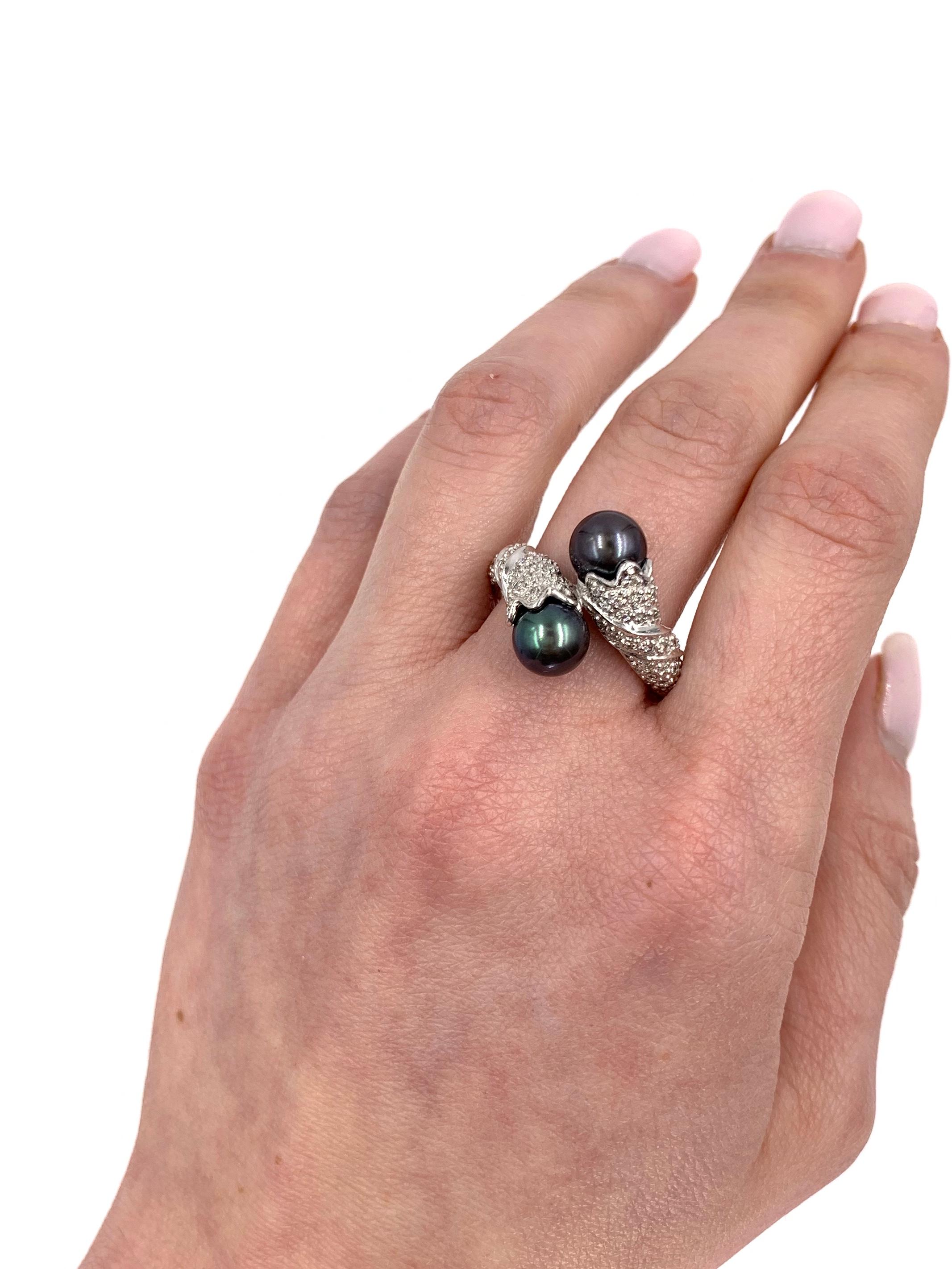 18 Karat White Gold Tahitian Pearl and Diamond Toi et Moi Bypass Ring For Sale 2