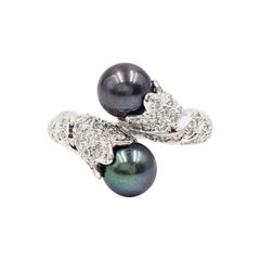 18 Karat White Gold Tahitian Pearl and Diamond Toi et Moi Bypass Ring