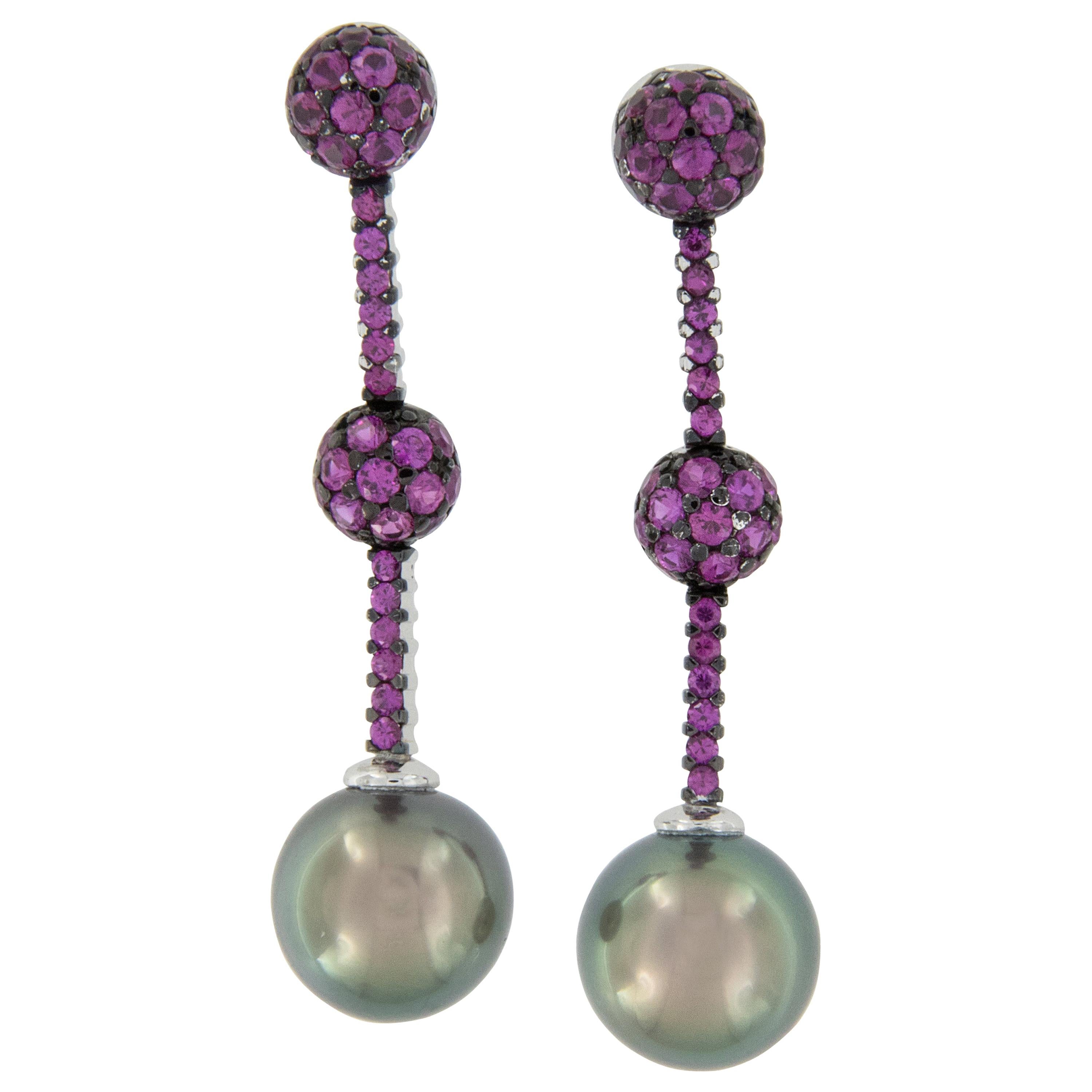 18 Karat White Gold Tahitian Pearl and Pink Sapphire Drop Earrings For Sale