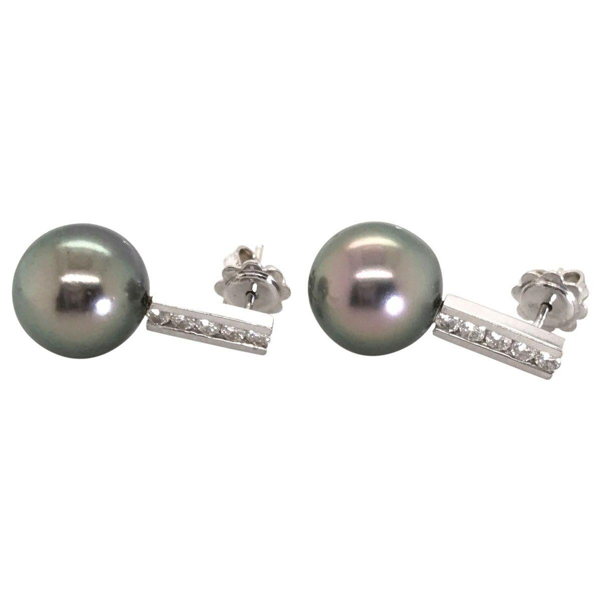 Contemporary 18 Karat White Gold Tahitian Pearl and Diamond Drop Earrings For Sale