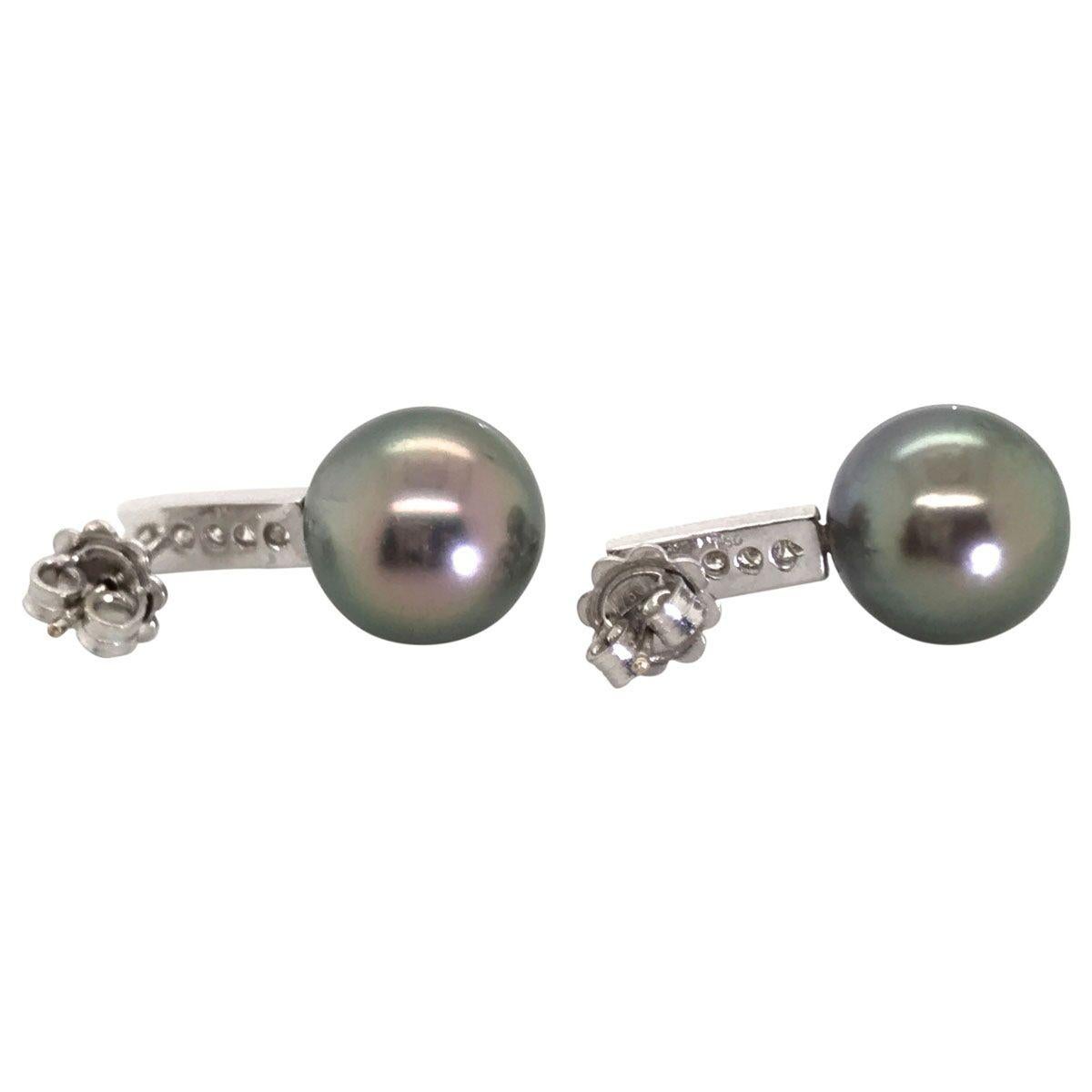 Round Cut 18 Karat White Gold Tahitian Pearl and Diamond Drop Earrings For Sale