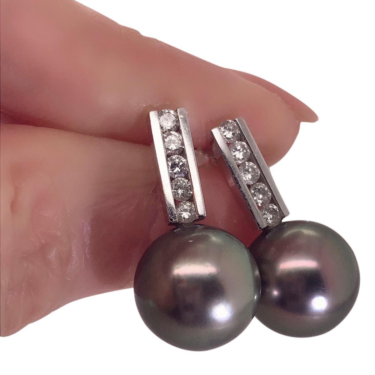 18 Karat White Gold Tahitian Pearl and Diamond Drop Earrings For Sale 1