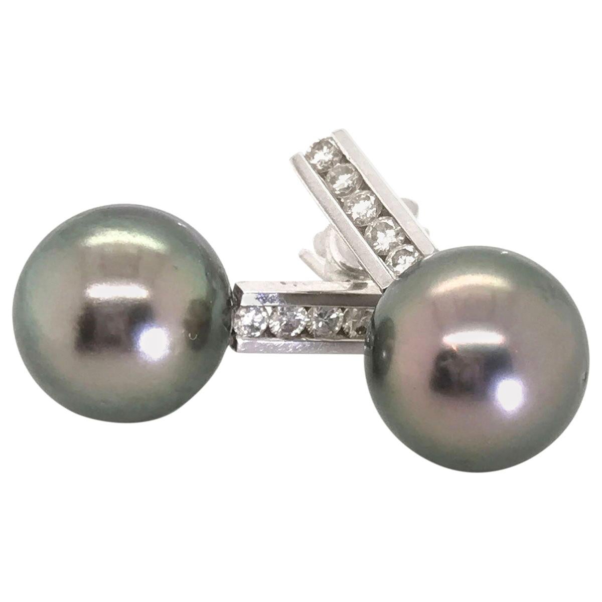 18 Karat White Gold Tahitian Pearl and Diamond Drop Earrings For Sale