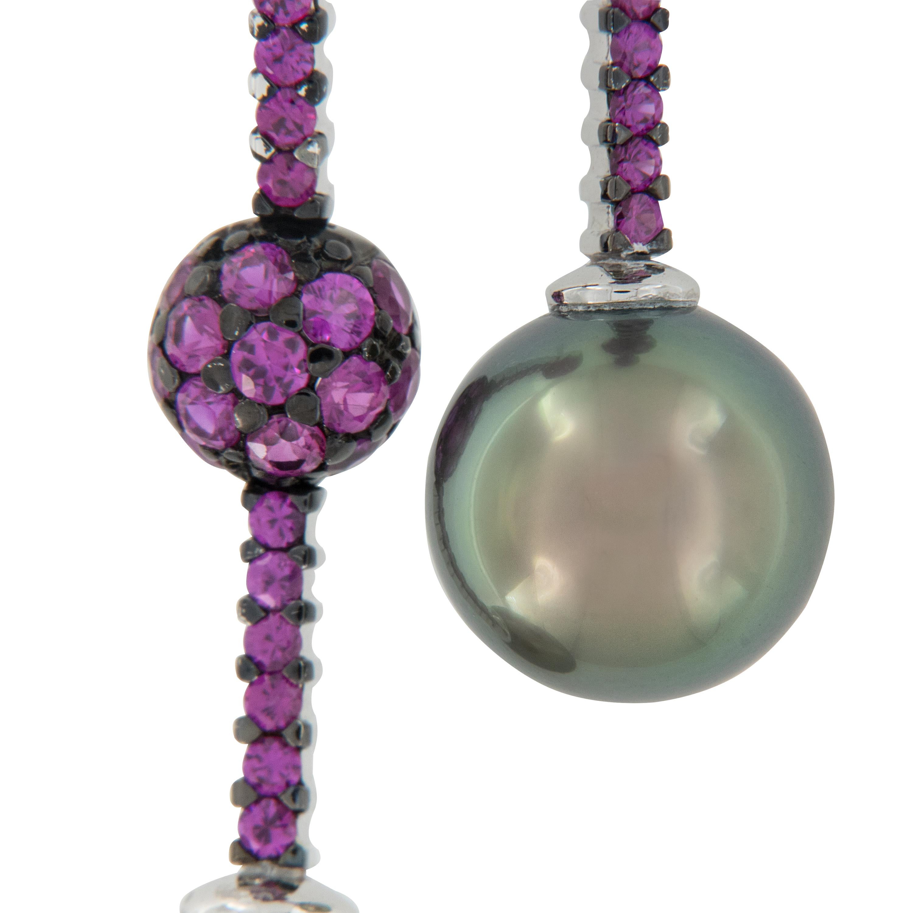 Contemporary 18 Karat White Gold Tahitian Pearl and Pink Sapphire Drop Earrings For Sale