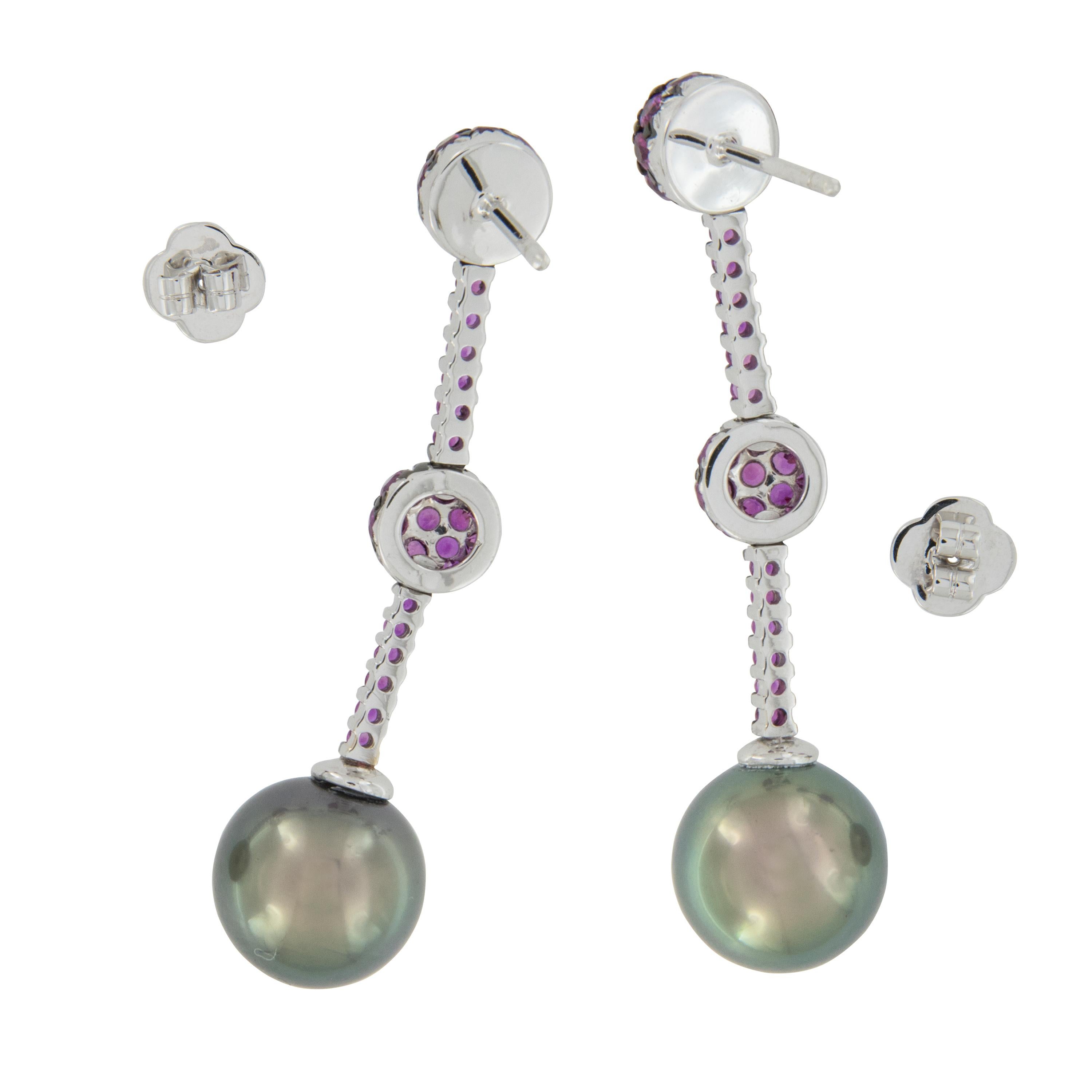 Round Cut 18 Karat White Gold Tahitian Pearl and Pink Sapphire Drop Earrings For Sale