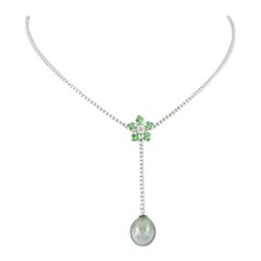 18 Karat White Gold Tahitian Pearl Tsavorite Diamond "Y" Eternity Necklace