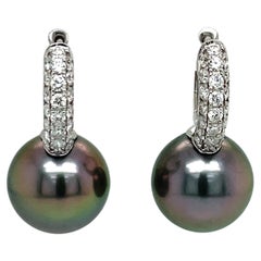 18 Karat White Gold Tahitian Three Row Diamond Drop Hoop Earrings 0.78 Carats
