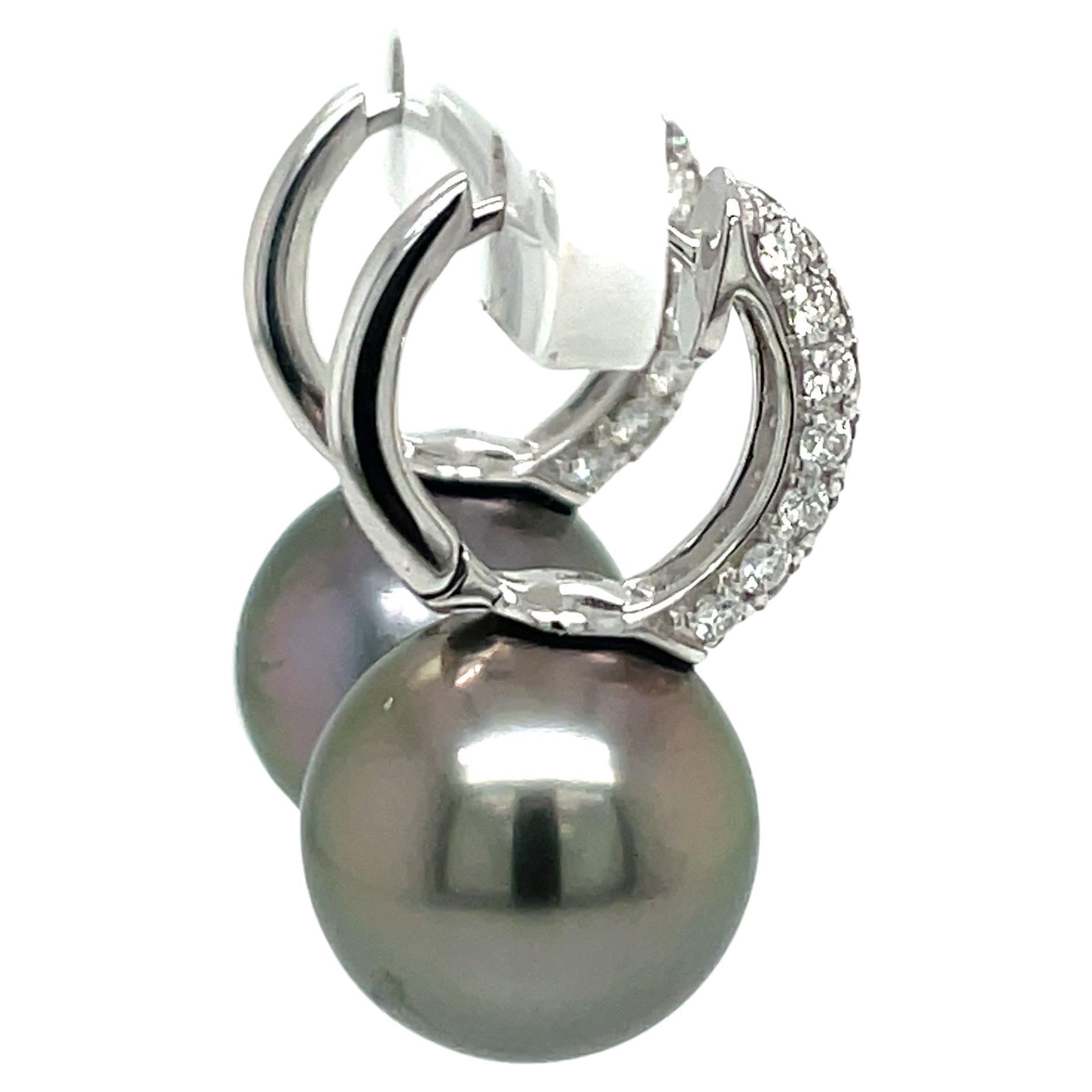 18 Karat White Gold Tahitian Three Row Diamond Drop Hoop Earrings 0.78 Carats For Sale 2