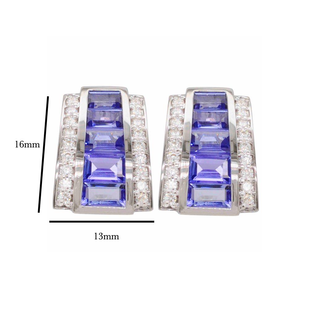 18 Karat White Gold Tanzanite Baguette Diamond Contemporary Pendant Earrings Set For Sale 15