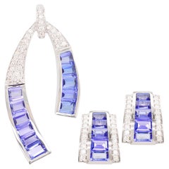 18K White Gold Channel Set Taper Baguette Tanzanite Diamond Pendant Earrings Set