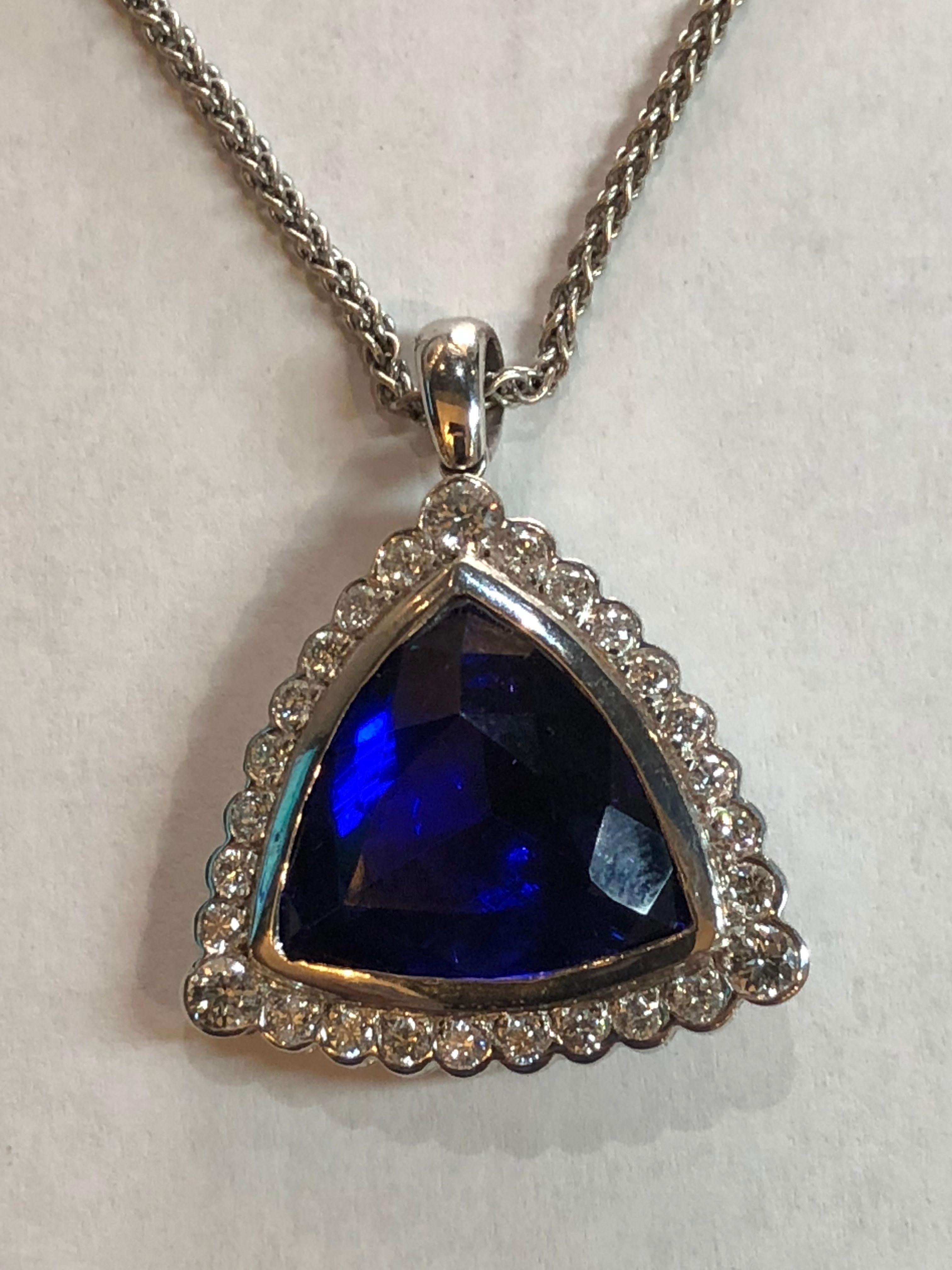 Modernist 18 Karat White Gold Tanzanite Diamond Pendant For Sale