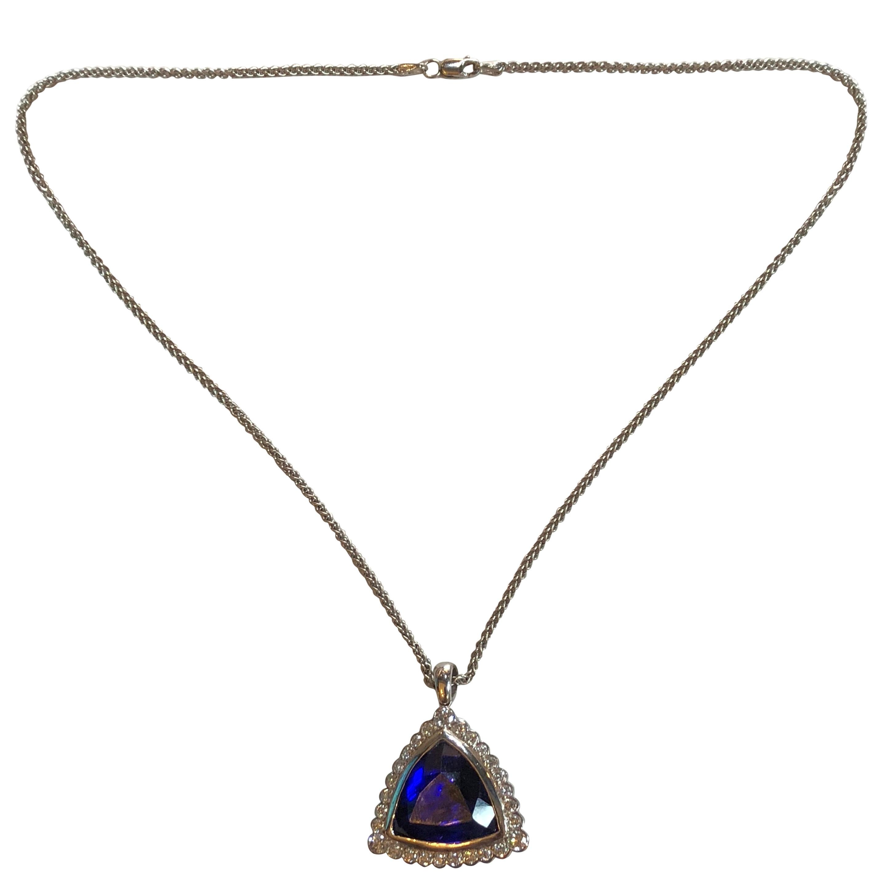 18 Karat White Gold Tanzanite Diamond Pendant For Sale