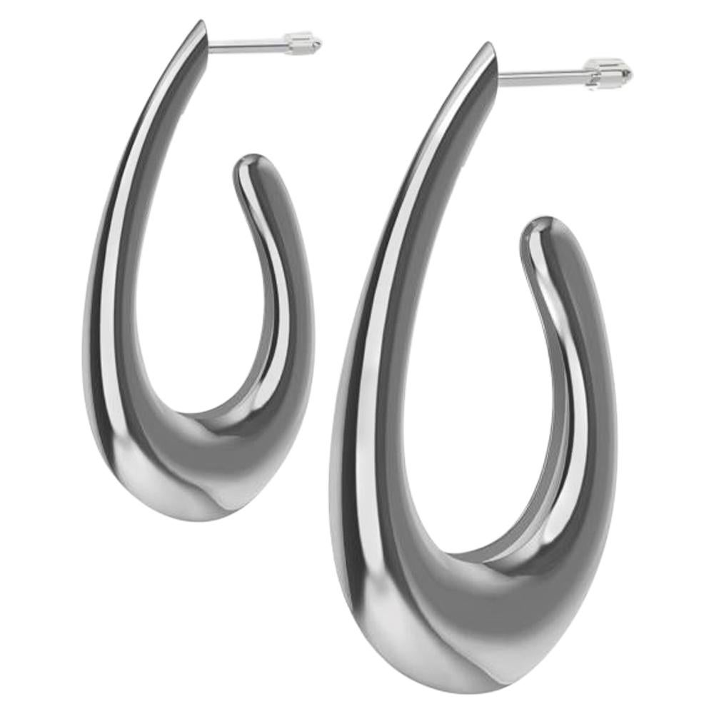 18 Karat White Gold Teardrop Hollow Hoop Earrings For Sale