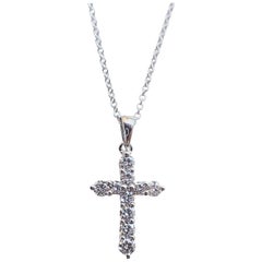 18 Karat White Gold Thin Cross Pendant Necklace with 0.37 Carat of Diamond
