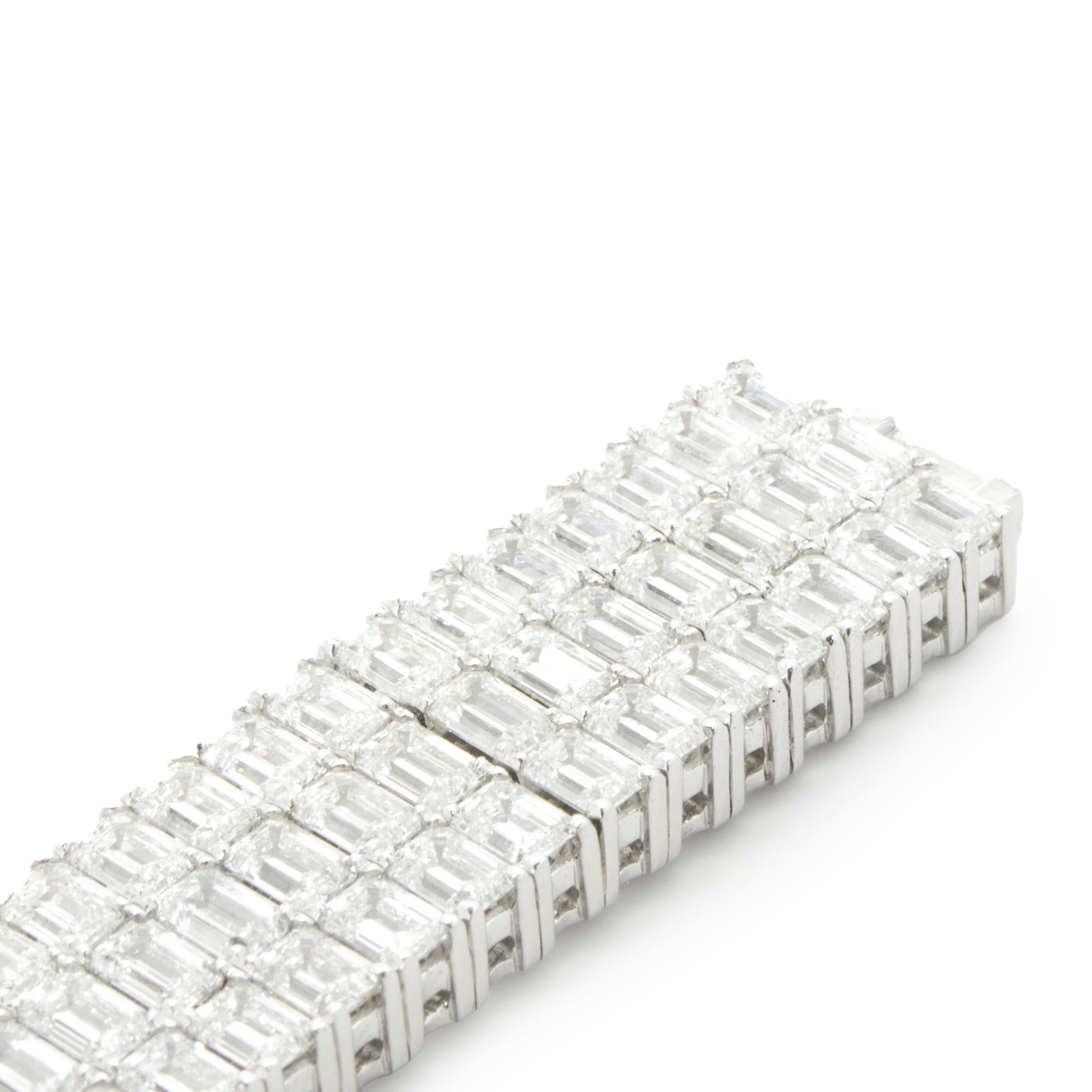 Women's 18 Karat White Gold Three Row Emerald Cut Diamond Bracelet For Sale