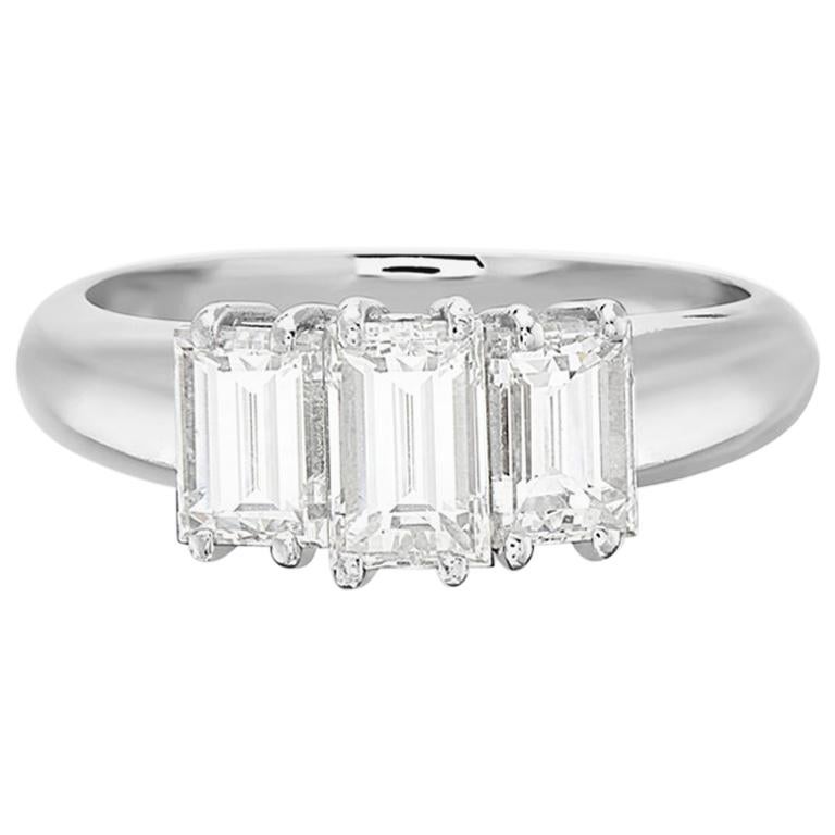 18 Karat White Gold Three-Stone Emerald Cut Diamond Engagement Ring