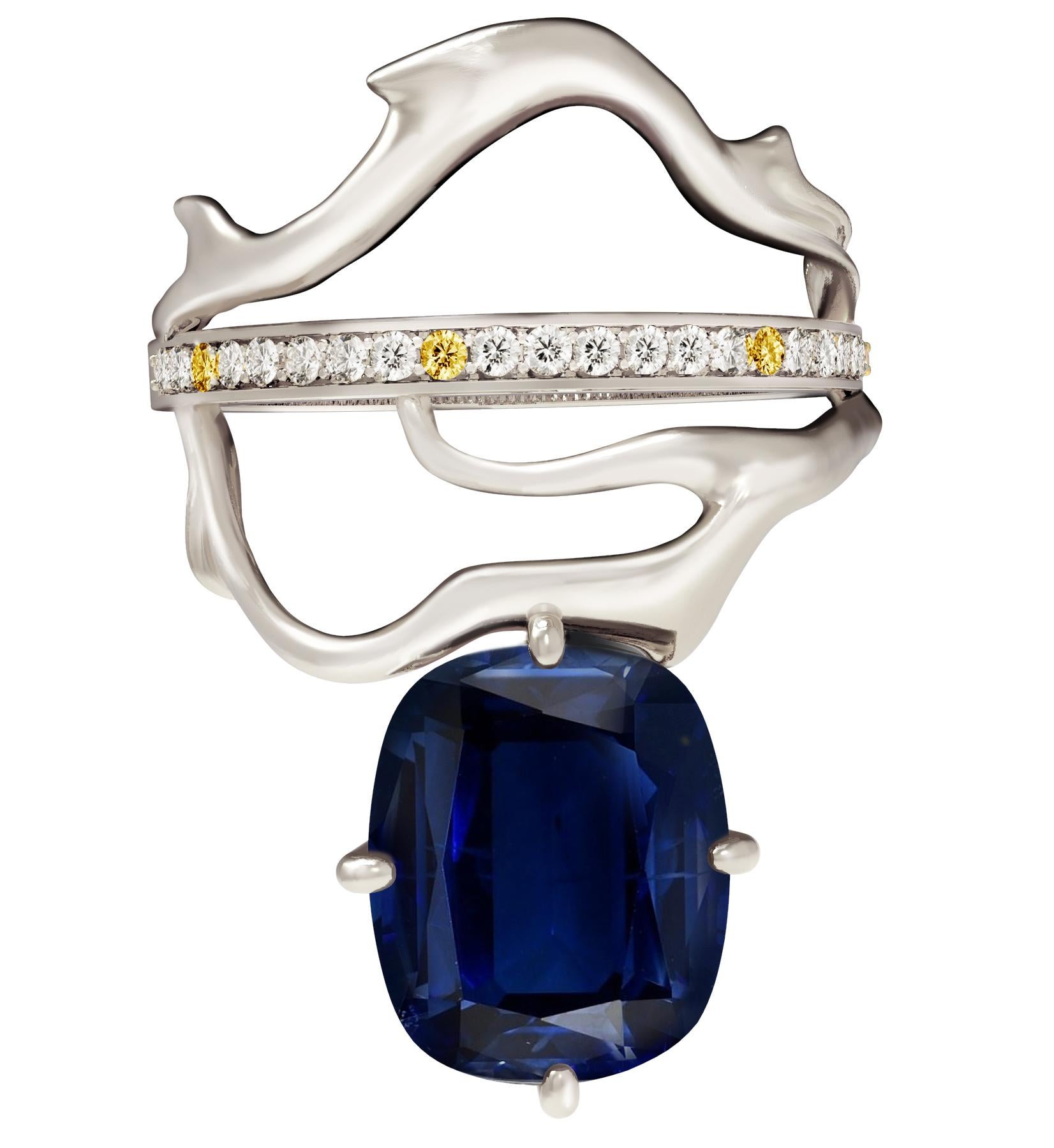 Antique Cushion Cut Eighteen Karat White Gold Tibetan Pendant Necklace with Sapphires and Diamonds For Sale