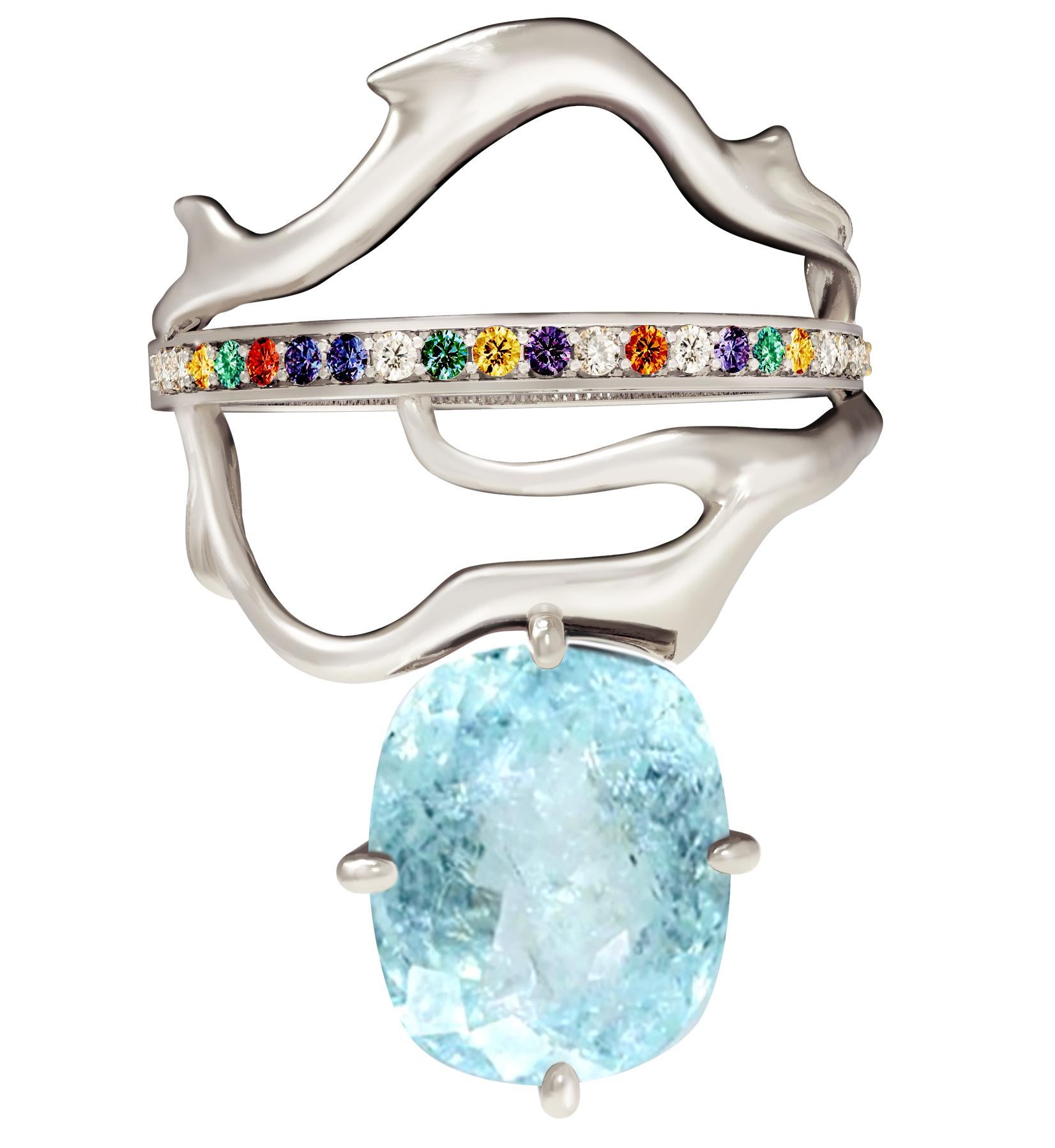 18 Karat White Gold Tibetan Ring with Paraiba Tourmaline, Diamonds and Emeralds For Sale 5