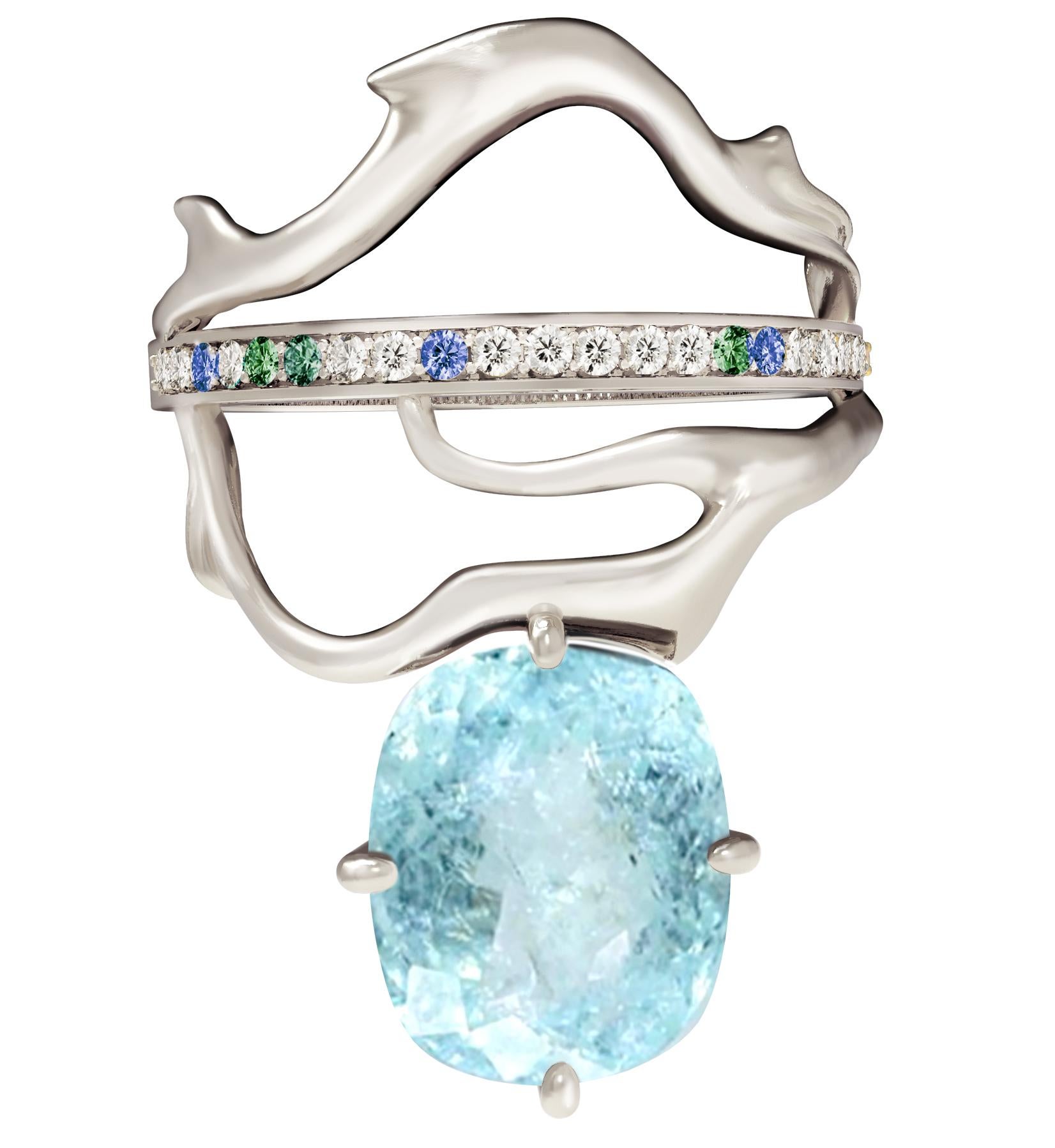 Contemporain Bague de fiançailles tibétaine en or blanc avec tourmaline Paraiba et diamants en vente