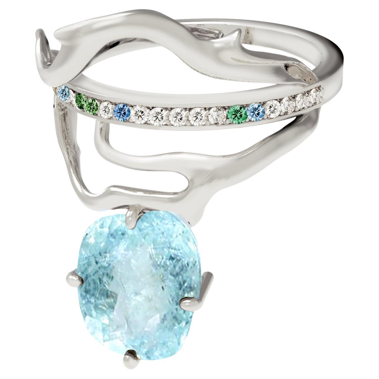 White Gold Tibetan Engagement Ring with Paraiba Tourmaline and Diamonds For Sale