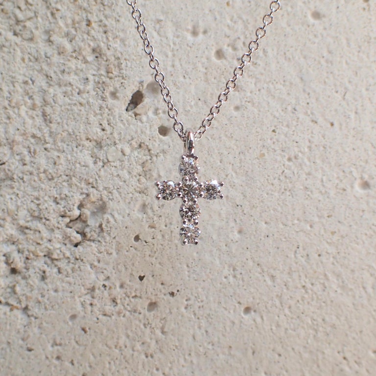 Contemporary 18 Karat White Gold Tiny Cross with 0.30 Carat of Diamond on Cable Chain For Sale