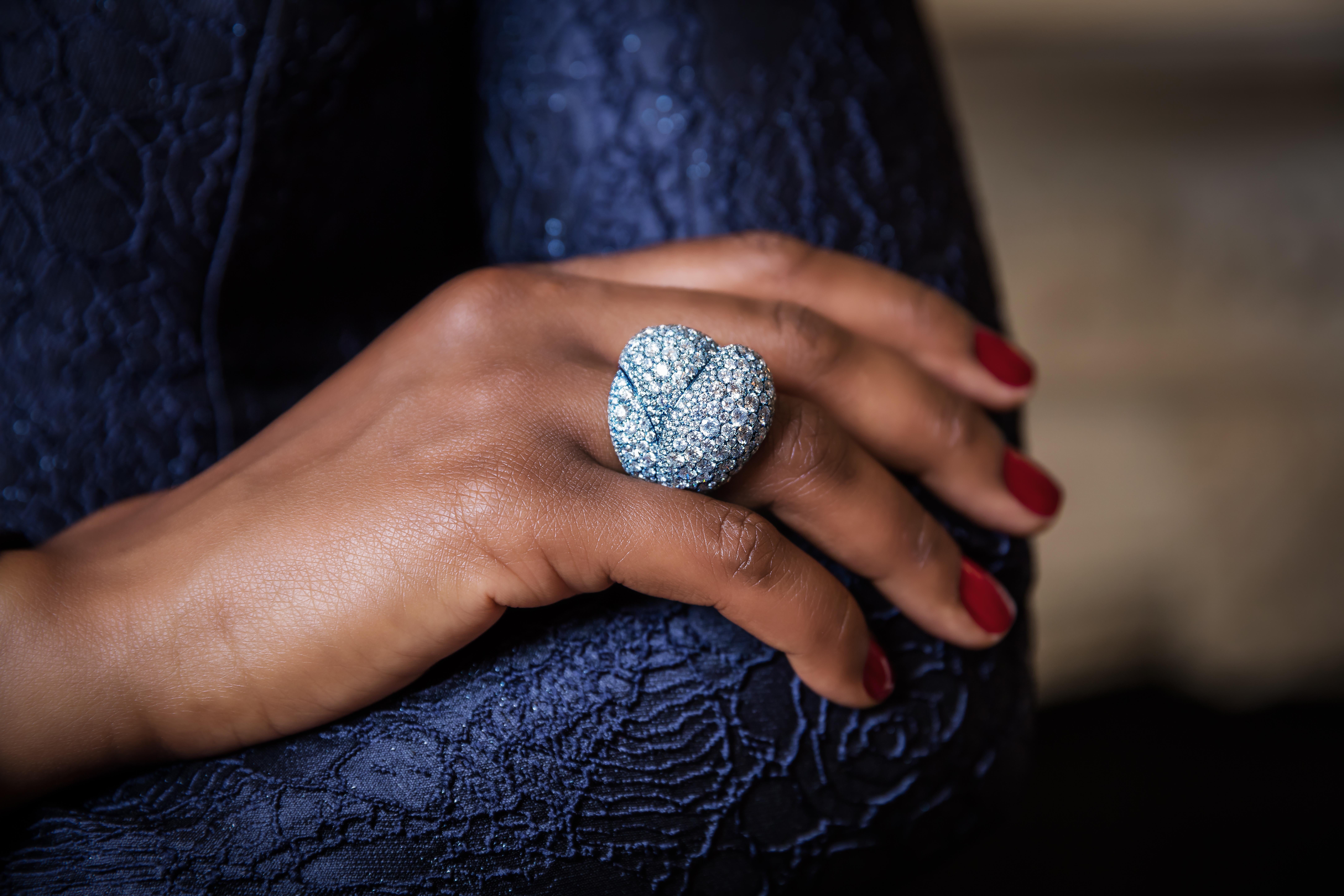 Women's 18 Karat White Gold, Titanium and White Diamonds Cocktail Ring