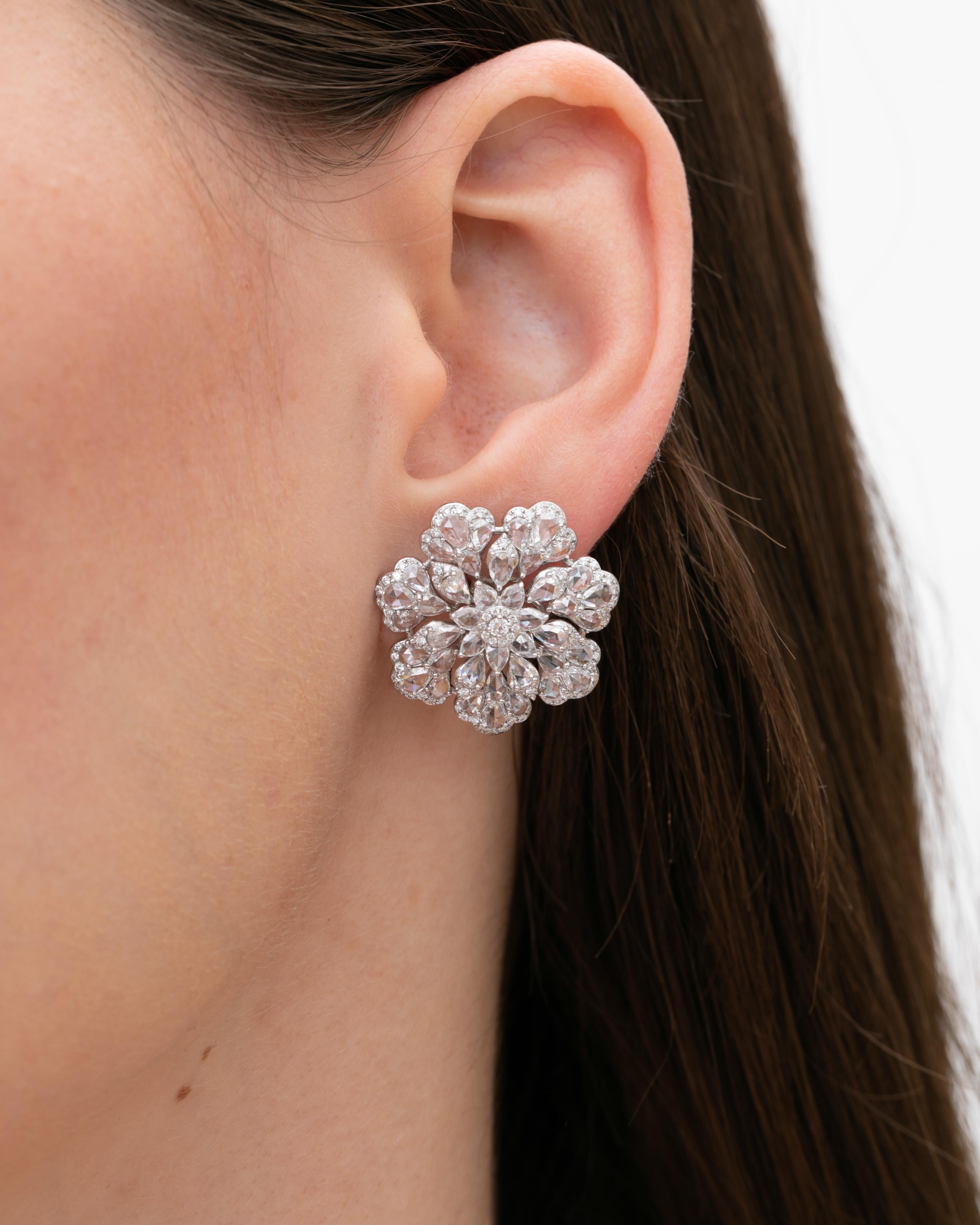 Art Deco 18 Karat White Gold Top Rose Cut Diamond Floral Inspired Earrings Studs For Sale