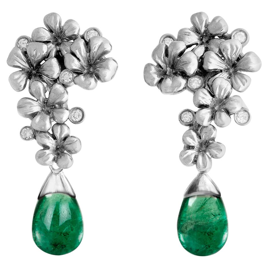 18 Karat White Gold Transformer Drop Earrings with Emeralds and Diamonds