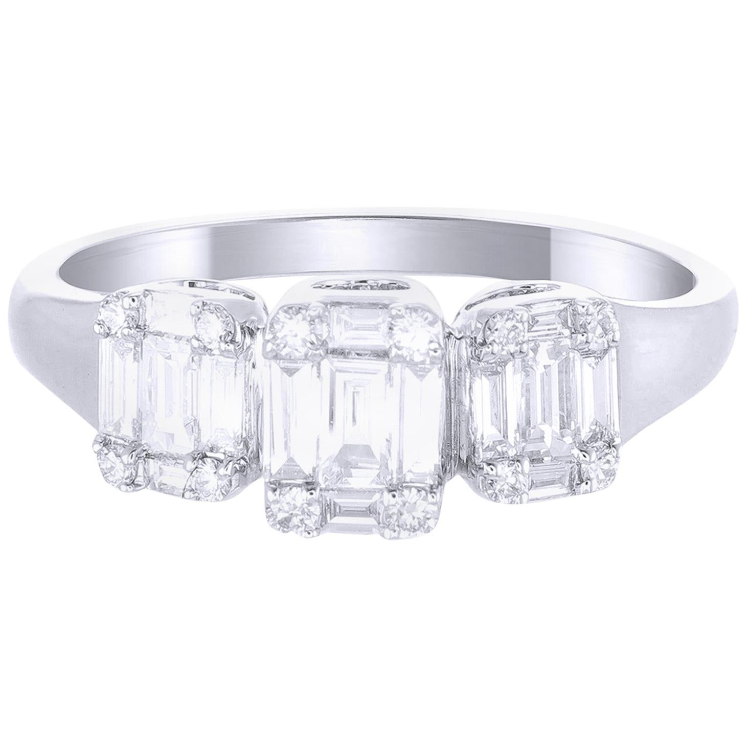 18 Karat White Gold Trio Emerald Illusion Diamond Wedding Ring