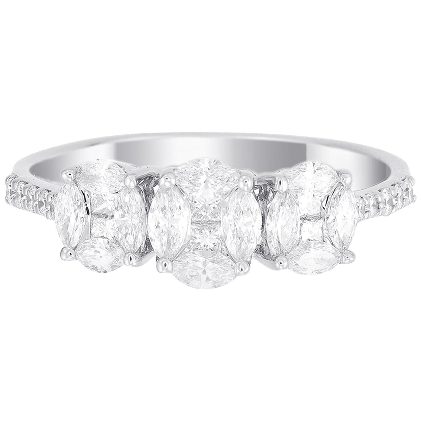 18 Karat White Gold Trio Oval Illusion Diamond Wedding Ring