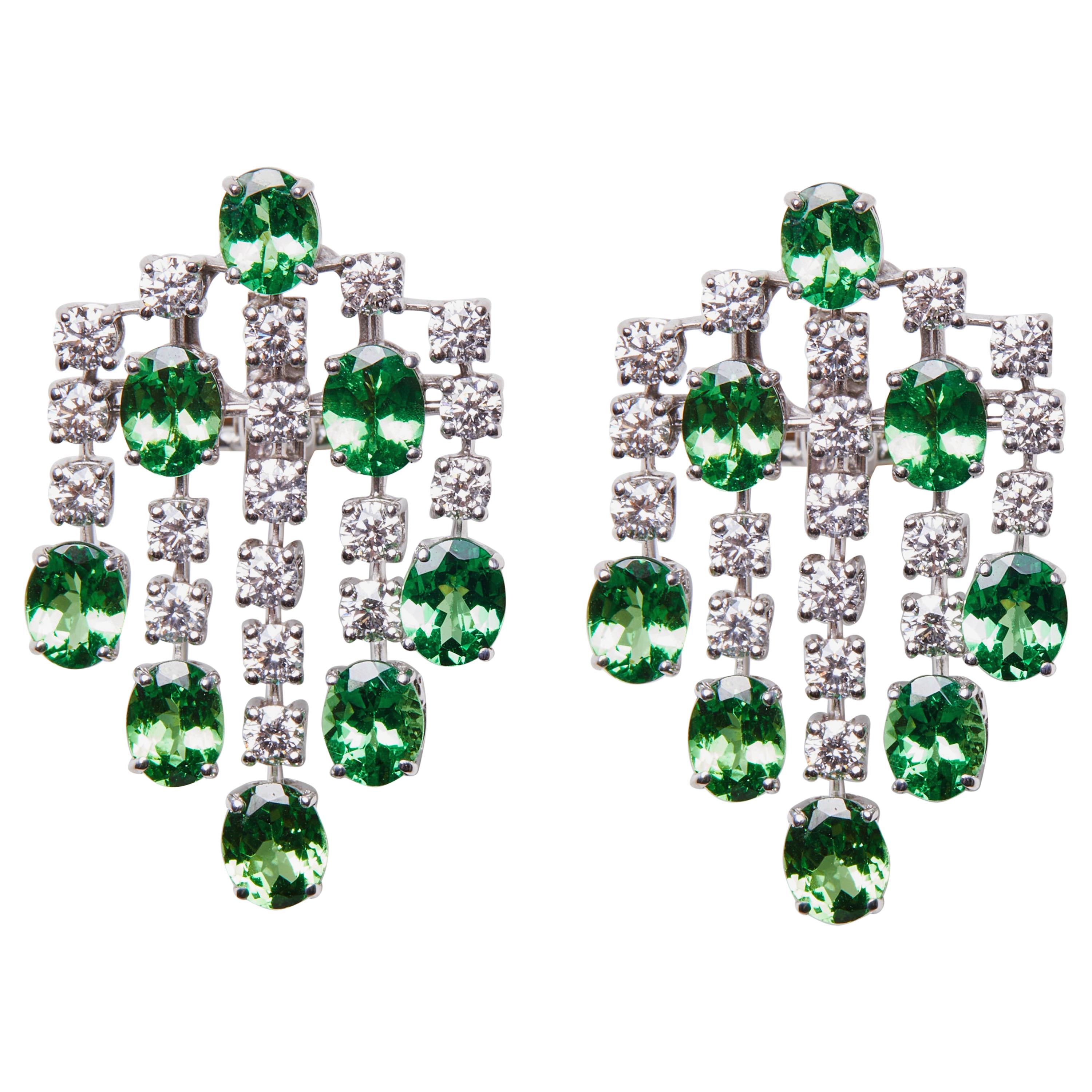 18 Karat White Gold Tsavorite and Diamond Dangle Earrings For Sale