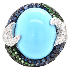 18 Karat White Gold Tsavorite, Diamond, and Turquoise Ring