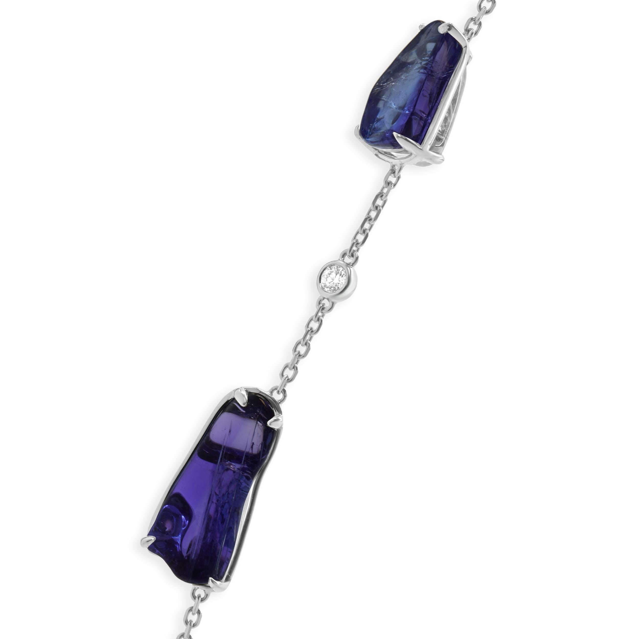 Rough Cut 18 Karat White Gold Tumbled Tanzanite and Diamond Station Necklace For Sale