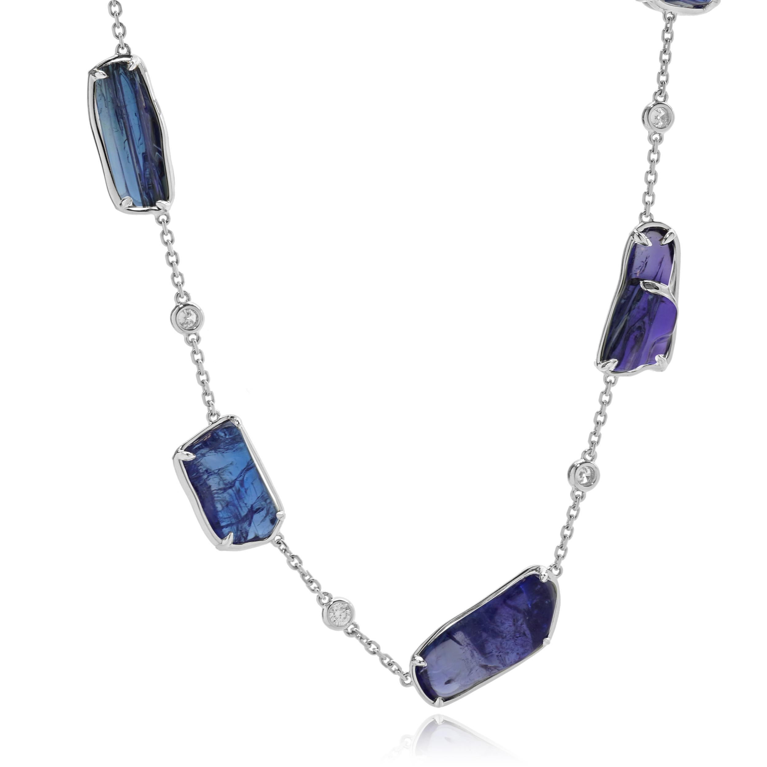 18 Karat White Gold Tumbled Tanzanite and Diamond Station Necklace For Sale
