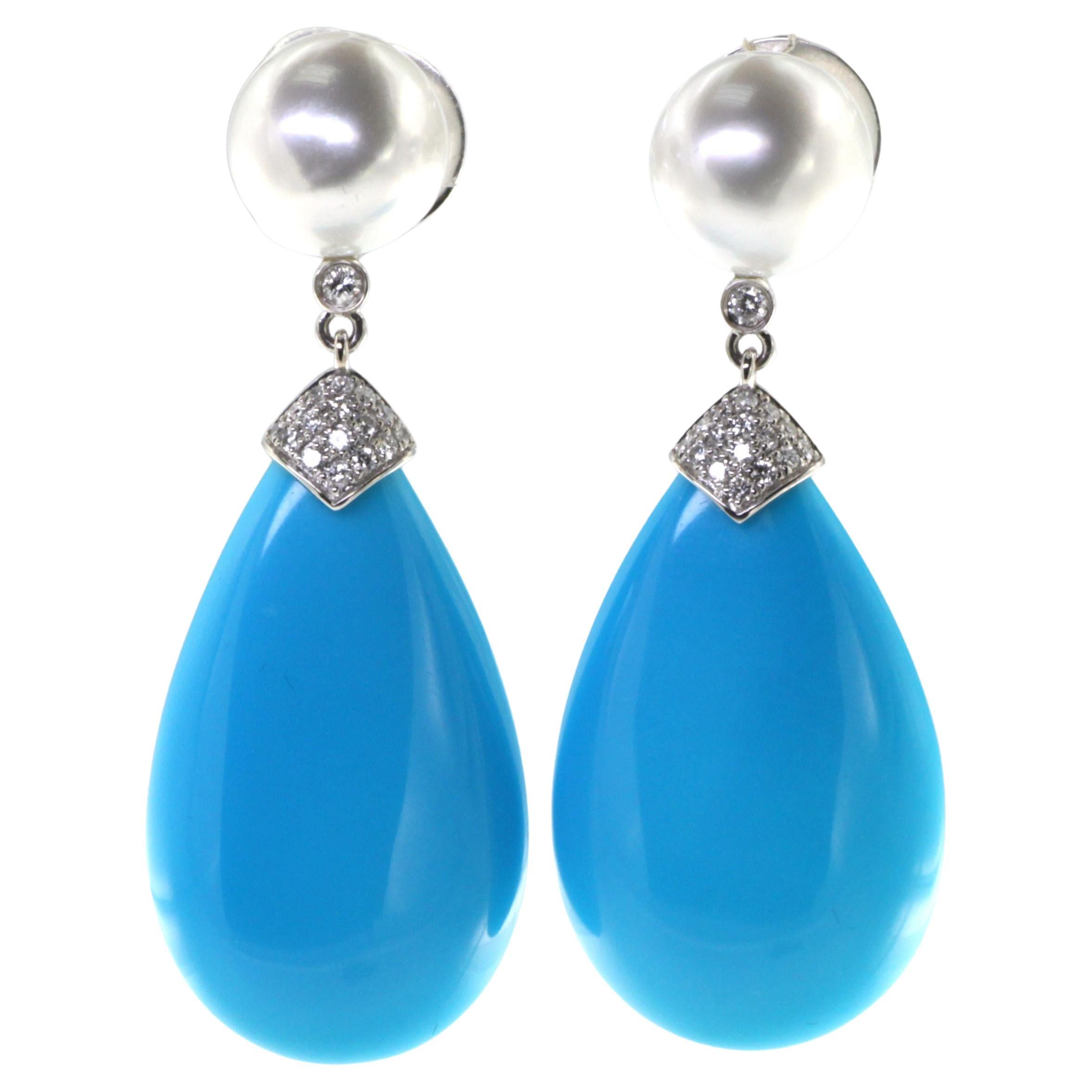 18 Karat White Gold Turquoise 65.08 Carats South Sea Pearl Earring