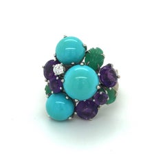 18 Karat White Gold Turquoise Amethyst Emerald Diamond Cocktail Ring