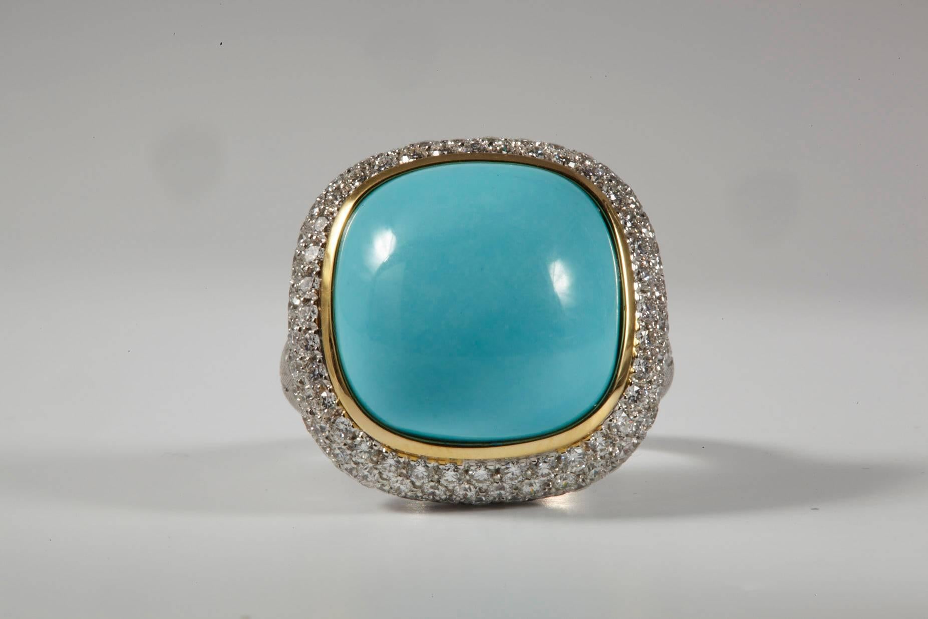 Contemporary 18 Karat White Gold Turquoise and Diamond Cocktail Ring For Sale